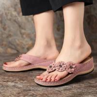 Women Flower Wedge Flip Flops Solid Color Non-slip Arch Support Slides Shoes Casual Outdoor Slippers - details 2