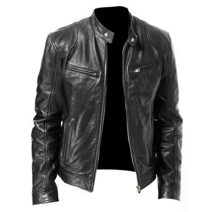 Chaqueta de Cuero para Hombres en Otoño Cuello de Stood, Estilo Motocicleta, Negro y Marrón - 1