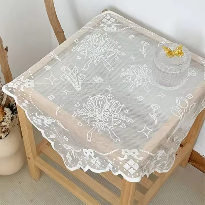 Mantel de flores de tulipán americano, cojín medio, funda para mesita de noche, mantel de seda blanco brillante - 1