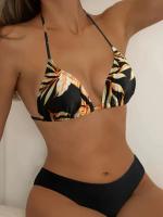 Traje de baño de tres piezas con estampado, traje de baño Sexy con cuello en V profundo, mono con cordón, conjunto de Bikini - details 4