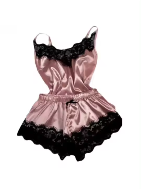 Pijama de seda de verano para mujer, lencería sexy, conjunto de top y pantalones cortos, pijama informal cómodo - 1