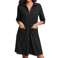 Camisón de casa para mujer, camisón corto de manga tres cuartos con bolsillos y cremallera de gofre, Otoño e Invierno - details 6