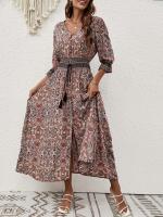 Novedad de verano, vestido bohemio de viaje para vacaciones y playa con cuello en V y mangas tres cuartos con mangas acampanadas y lazo en la cintura - details 1
