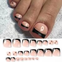 Juego De 24 Piezas Uñas Postizas De Acrílico Con Borde Blanco Y Flor Artísticas Para Pies Uñas Press on Removibles Para Fiestas - details 7