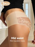 2 piezas de bragas de cintura media de encaje en contraste para mujer, bragas ligeras transpirables sin costuras, detalle de monograma sexy, ribete de encaje de moda primavera/verano, tejidos suaves - details 7