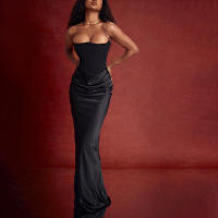 BUNO-Vestido largo largo con corsé sin tirantes para mujer, vestidos de fiesta de noche de satén negro, elegante de lujo nocturno de alta calidad - details 2