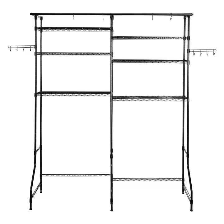 SucceBuy Estantes de almacenamiento para lavadora y secadora, estante para lavandería de 6 niveles con barra y ganchos, estantería ajustable de doble fila para organización de lavandería, negro - 1