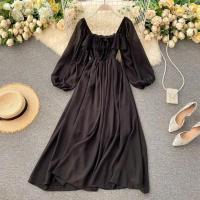 Nuevo modelo de vestido maxi elegante con cuello cuadrado para mujer, gasa lisa con mangas abullonadas, bata de fiesta en la playa, vestidos con volantes vintage - details 1