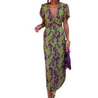 Vestido de manga corta con cuello en V, ajustado, elegante y largo con estampado de bloques de color de moda para mujer, primavera 2025 - details 5