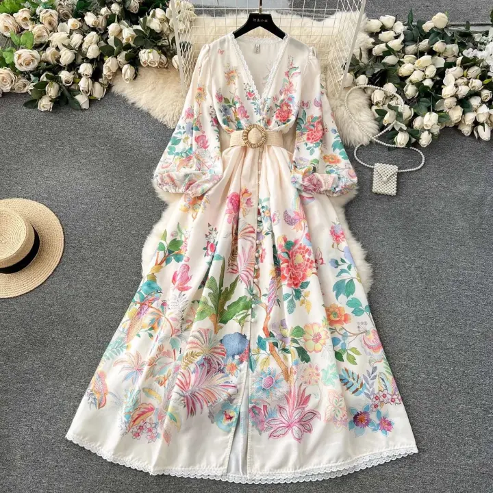 Vestido de verano para vacaciones, vestido de mujer con empalme de encaje y cuello en V, fajas de manga larga acampanada, estampado ral, Maxi Vestidos, ropa 6272 - 1