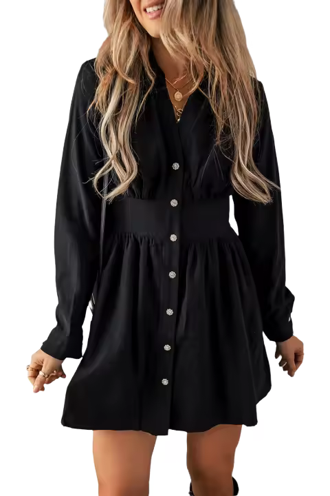 Elrachen Mini vestido camisero de manga larga de cintura alta con cincha elástica para mujer, negro, tallas S-XL - 1