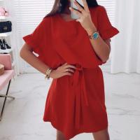 Vestido de poliéster de manga corta para mujer, jersey de cuello redondo, suelto, fajas, sólido, moda de oficina, Verano - details 1