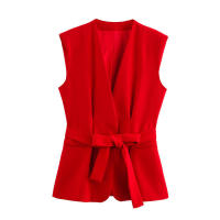 OUWU- Traje de oficina elegante para mujer, chaleco rojo, blazer con cuello en V, fajas sin mangas, blazer de cintura alta, pantalones de pierna ancha, moda 2025, conjuntos de verano - details 3