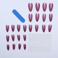 24pcs Uñas Postizas De Almendra Largas Con Brillo Morado Oscuro Adhesivo De Gel Detachable Y Reutilizable Con Herramienta De Empuñadura De Cutícula Para Mujeres Y Niñas - details 2