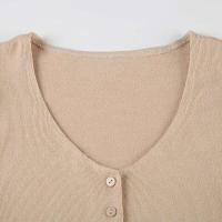 2025 Mini vestido de verano innovador de punto elegante con cuello en V y botones de manga corta ropa informal de alta elasticidad para mujer - details 10