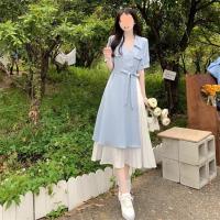Diseño sentido falso dos piezas de temperamento artístico vestido camisero con cuello en V falda larga de cintura suave francesa de verano para mujer - details 4