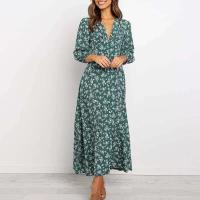 2025 nuevo Vintage mujeres vestido largo de gasa ral estampado linterna manga A-e Maxi Vestidos otoño elegante cuello en V Vestidos de invierno - details 2