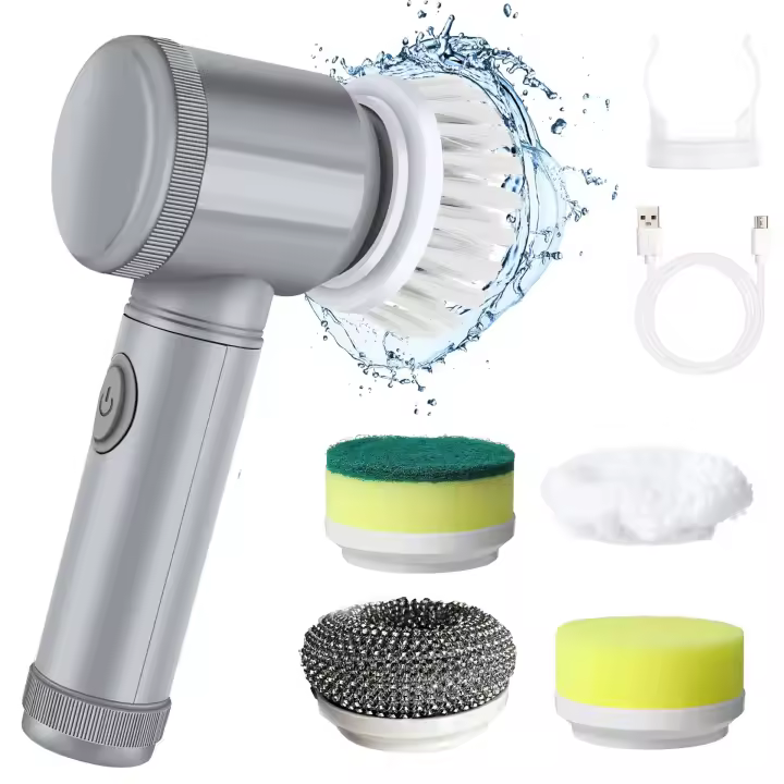 Depurador giratorio eléctrico, 1 juego de depurador de mano inalámbrico recargable con 5 cabezales de cepillo reemplazables, suministros de limpieza para el hogar de verano - 1