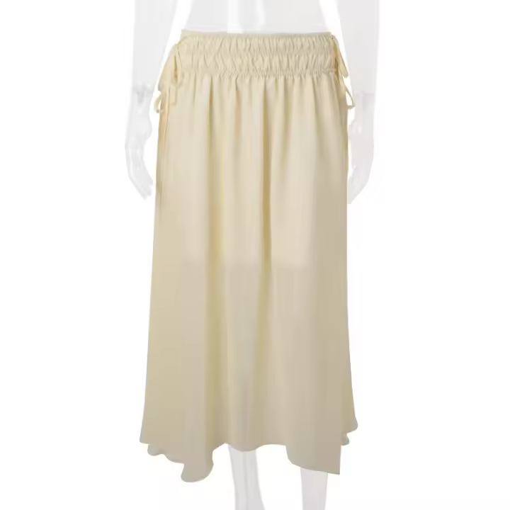 BUNO-nueva moda cordón lateral de cintura alta elegante falda amarilla mujeres vacaciones verano suelta gasa Midi faldas mujer - 1