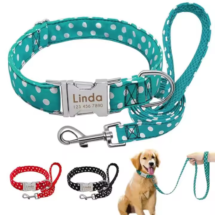 Collar nailon personalizado perro, conjunto correa caminar, placa de identificación para cachorro, ustable, grabado - 1