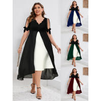 Primavera Verano nuevo vestido de manga media Irregular de dos piezas falso con cuello en V de talla grande para mujer - details 1