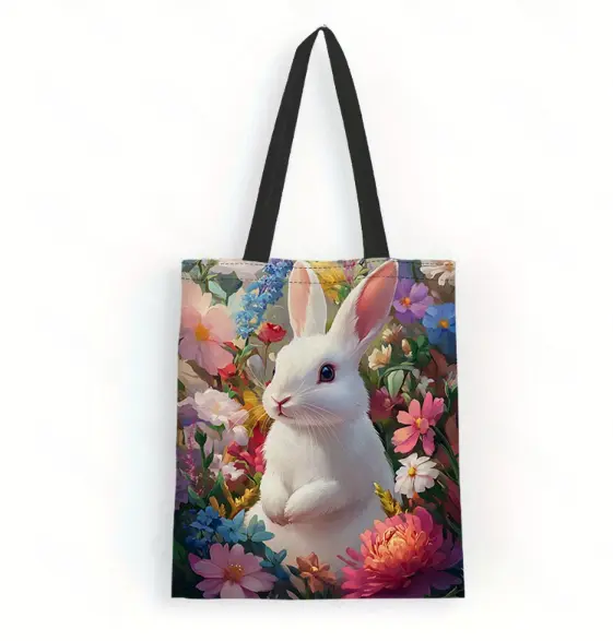 1 pieza, bolso de mano de lona con diseño de conejo blanco en el jardín de Pascua, bolso cruzado, bolso de mano, bolso de hombro multiusos para mujer, bolso de hombro escolar de lona, ​​bolso de compras ligero, el mejor regalo para profesores amigos, Grad - 1