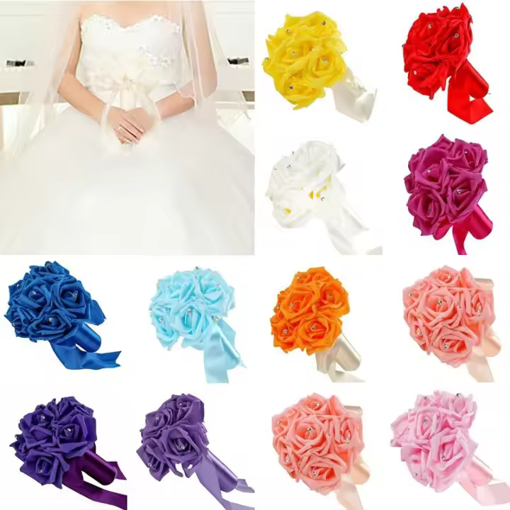 Ramo de Rosas de Espuma con Seis Cabezas Diadema de Novia Hecha a Mano con Diamantes de Imitación - 1
