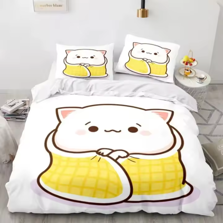 Conjunto de Ropa de Cama de Gato de Melocotón de Dibujos Animados Tamaño de Cama Twin Queen - 1