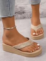 Chanclas de verano de suela gruesa para mujer: sandalias de playa informales con tacón de cuña antideslizante, diseño de punta abierta y cómodas correas de tela para vacaciones al aire libre - details 3