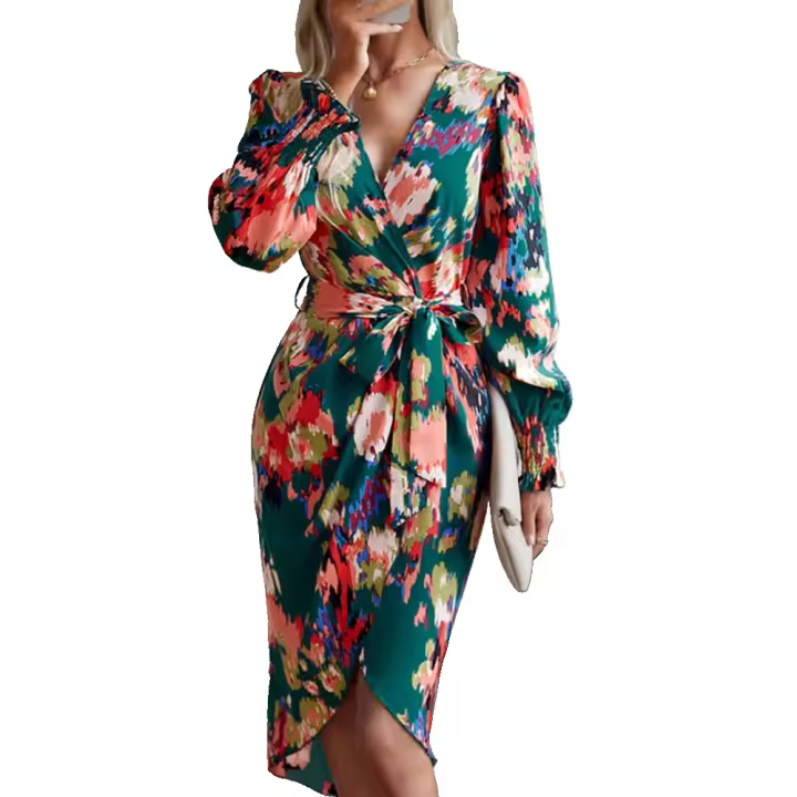 Mujeres manga larga multi color imprimir tie V cuello irregular MIDI vestido de fiesta Delgado - 1