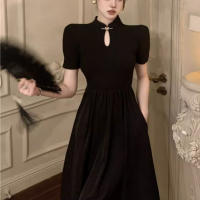 Cheongsam falda larga juvenil de temperamento de alta gama, vestido negro de estilo chino, novedad de verano, ropa de mujer - details 2