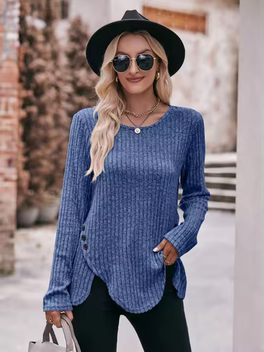 Camiseta de manga larga para mujer, suéter informal liso y versátil con cuello redondo, ajustado, conjunto de otoño, novedad para 2023 - 1