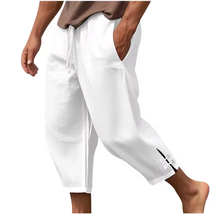 Pantalones capri de lino ligeros, ajuste holgado, cintura elástica, estilo playero casual para hombres - 1
