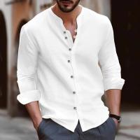 Camisa Casual de Algodón-Lino para Hombres Primavera Otoño Manga Larga Camisa de Cuello Redondo - details 0