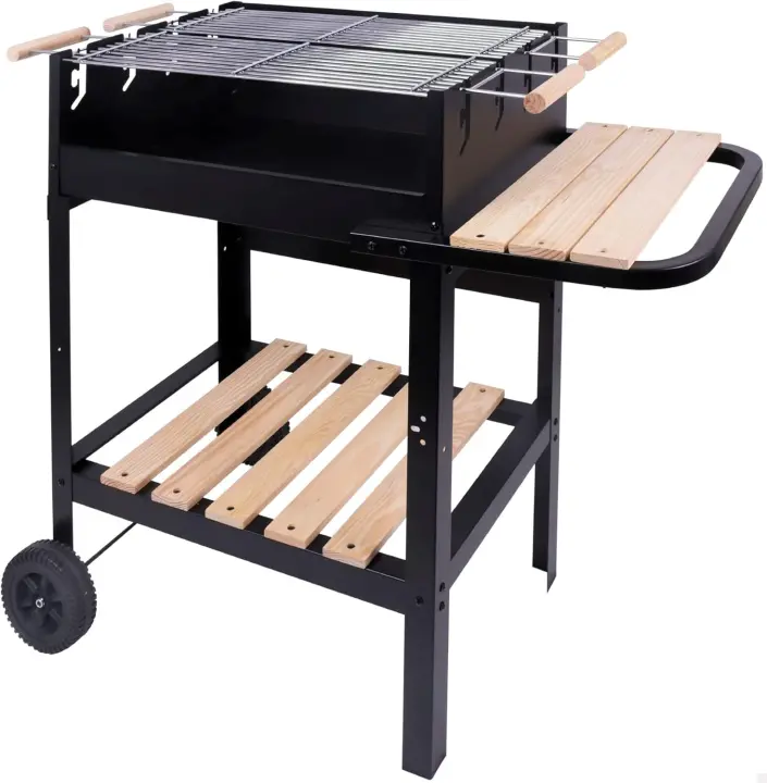 Barbacoa Portátil de Carbón con Doble Parrilla Metal Esmaltado y Madera 3 Alturas Regulables - 1