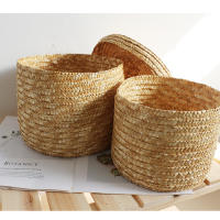 Caja de almacenamiento tejida de paja hecha a mano Circular con tapa, cesta de flores para aperitivos y cosméticos, organizador de maquillaje, 1 piezas - details 6