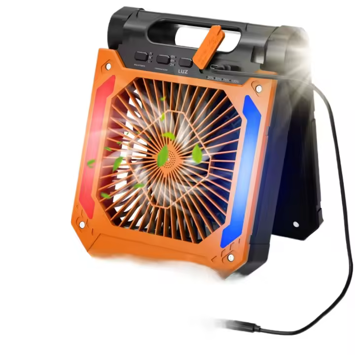 Ventilador Solar portátil con luz, 3 velocidades, batería recargable, temporizador, gancho y banco - 1