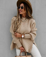 Autumn winter women knitted sweater loose warm elegant solid batwing sleeve side split pullovers - details 3