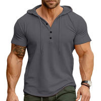 Hombres Deportes Fitness Casual al aire libre de manga corta camiseta con capucha Top Henley Shirt. - details 8
