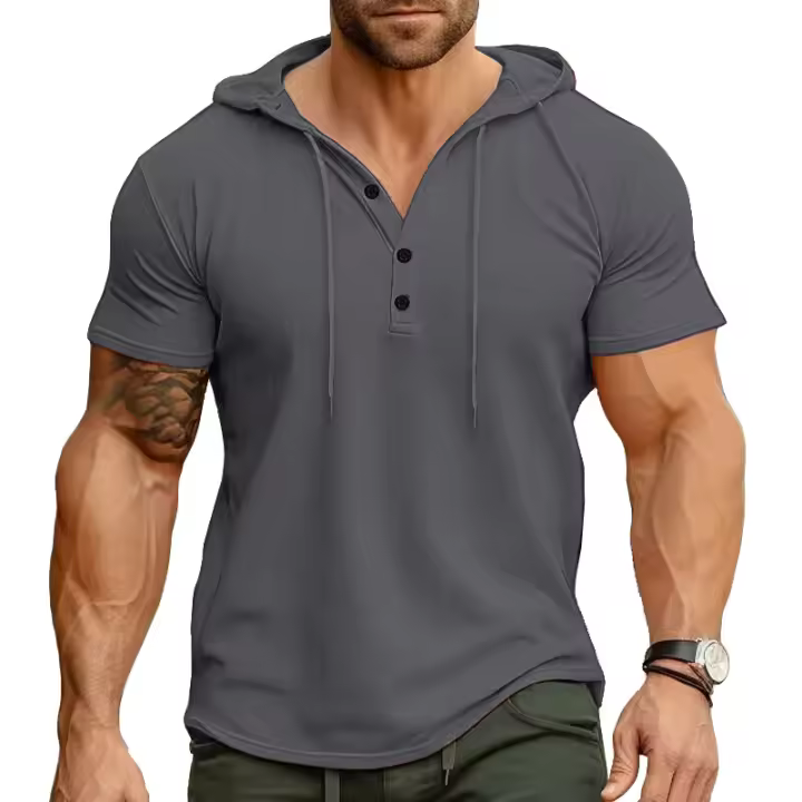 Hombres Deportes Fitness Casual al aire libre de manga corta camiseta con capucha Top Henley Shirt. - 1