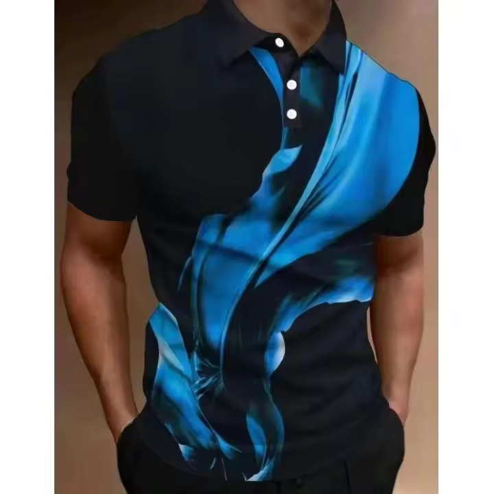 Nuevo polo con estampado de líneas de color 3D, pantalón corto informal a la moda para hombre, camisa con solapa de manga, camiseta de poliéster de gran tamaño para verano callejero - 1