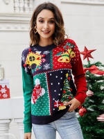 Suéter de punto con patrón de árbol de Navidad de copo de nieve, jersey de ganchillo de manga larga, cuello redondo informal - details 1