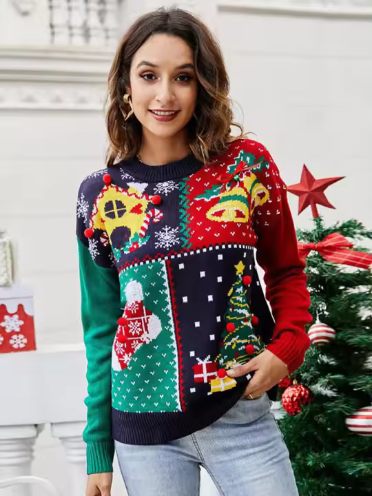 Suéter de punto con patrón de árbol de Navidad de copo de nieve, jersey de ganchillo de manga larga, cuello redondo informal - 1