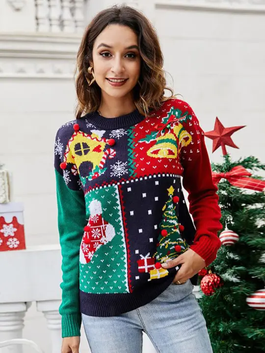 Suéter de punto con patrón de árbol de Navidad de copo de nieve, jersey de ganchillo de manga larga, cuello redondo informal - 1