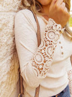 Camiseta de manga larga con cuello redondo y botones para mujer, Top de costura de encaje, camiseta informal ajustada, moda de Color sólido, Otoño e Invierno - details 3