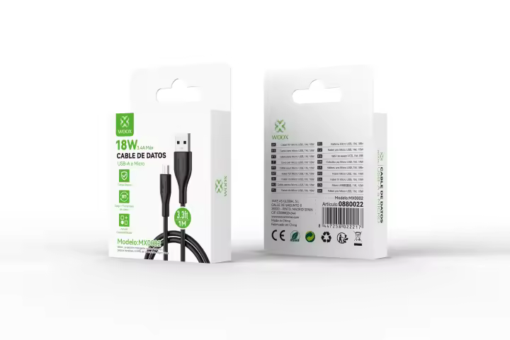 Cable de Carga Rápida USB a Micro B Woox 18W, Compatible con XIAOMI, HUAWEI, SAMSUNG, MacBook Pro 2020 1m MX001 - 1