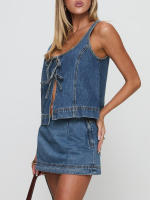 Conjunto de faldas vaqueras de dos piezas para mujer, Tops informales sin mangas con lazo en la parte delantera y minifalda a juego, ropa de calle Y2K - details 4