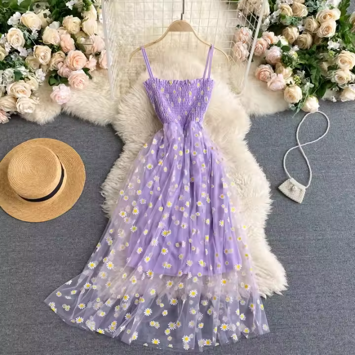 Vestido de Malla con Estampado Floral de Moda Coreana 2025 Estilo de Playa para Mujeres YuooMuoo - 1