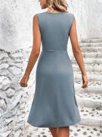 Nuevo producto verano 2025 color sólido con cuello en V, cintura cruzada plisada, vestido sin mangas, midi y largo, vestido largo de mujer - details 12