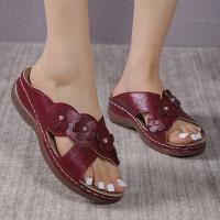 Women Floral Decor Cross Strap Slides Shoes Open Toe Low Wedge Sandals Hollow Out Solid Color Slippers - details 5
